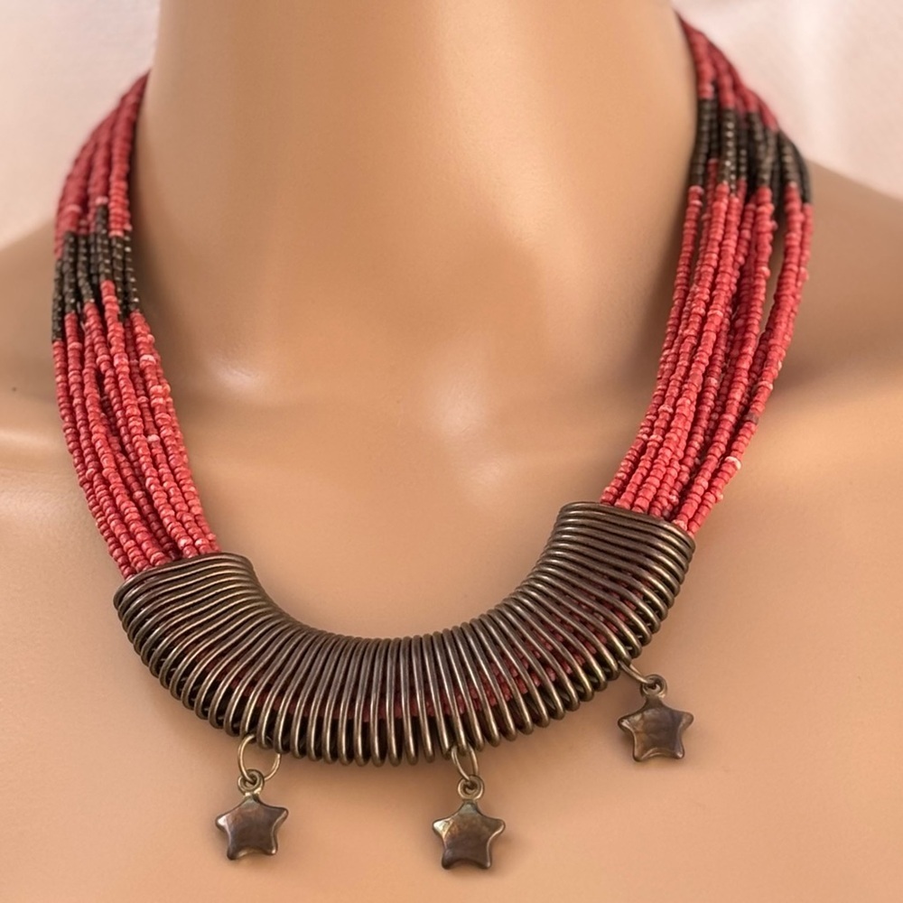 Vintage Multi-Strand Red Bead Cleopatra Necklace